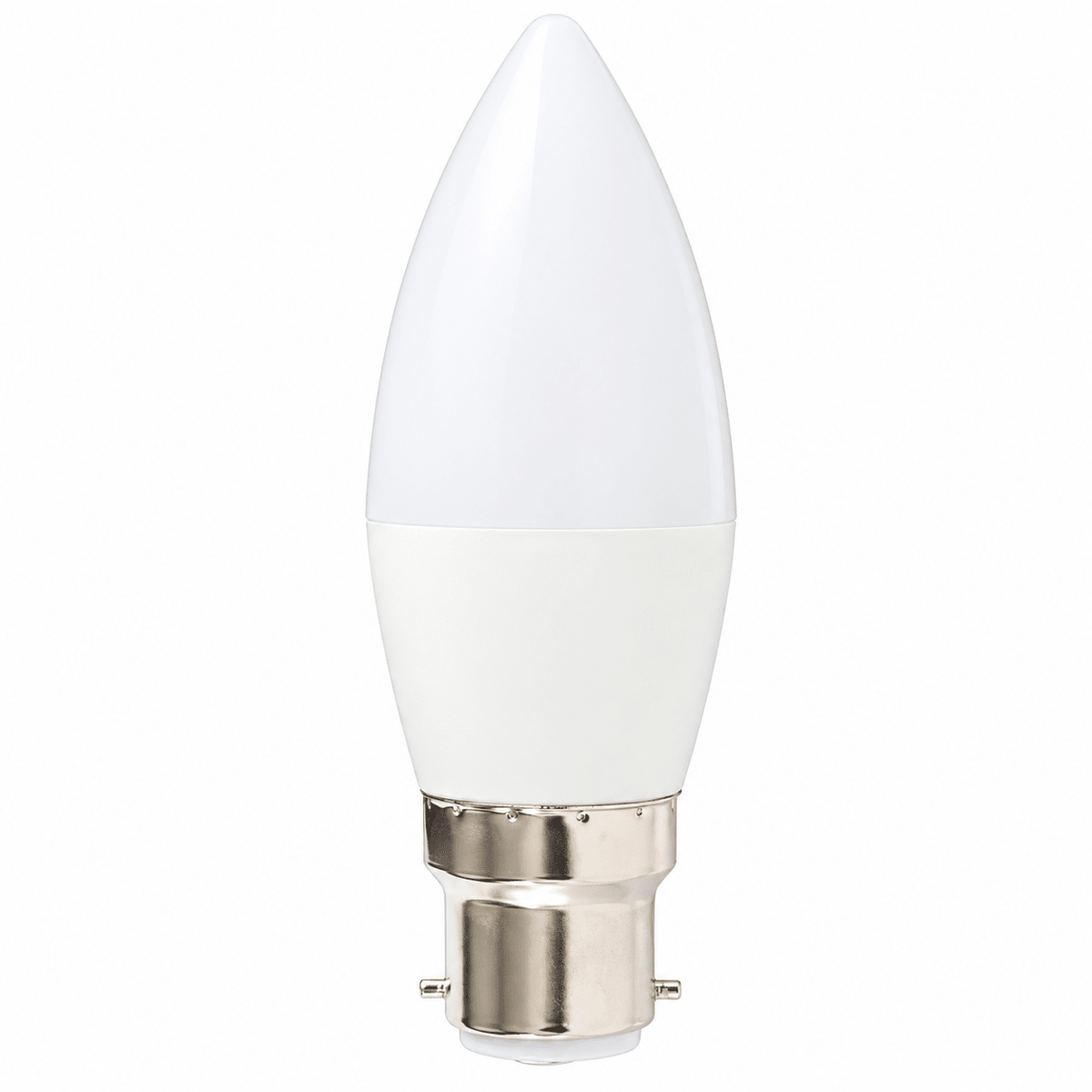 White LED candle bulb with frosted upper half and metallic B22 base, centered on plain white background