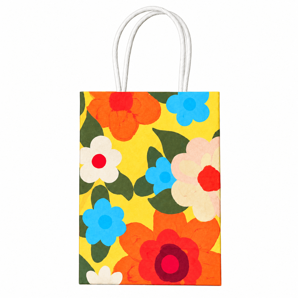 Medium paper gift bag with white handles, bright yellow background, and colorful strawberry‑floral pattern