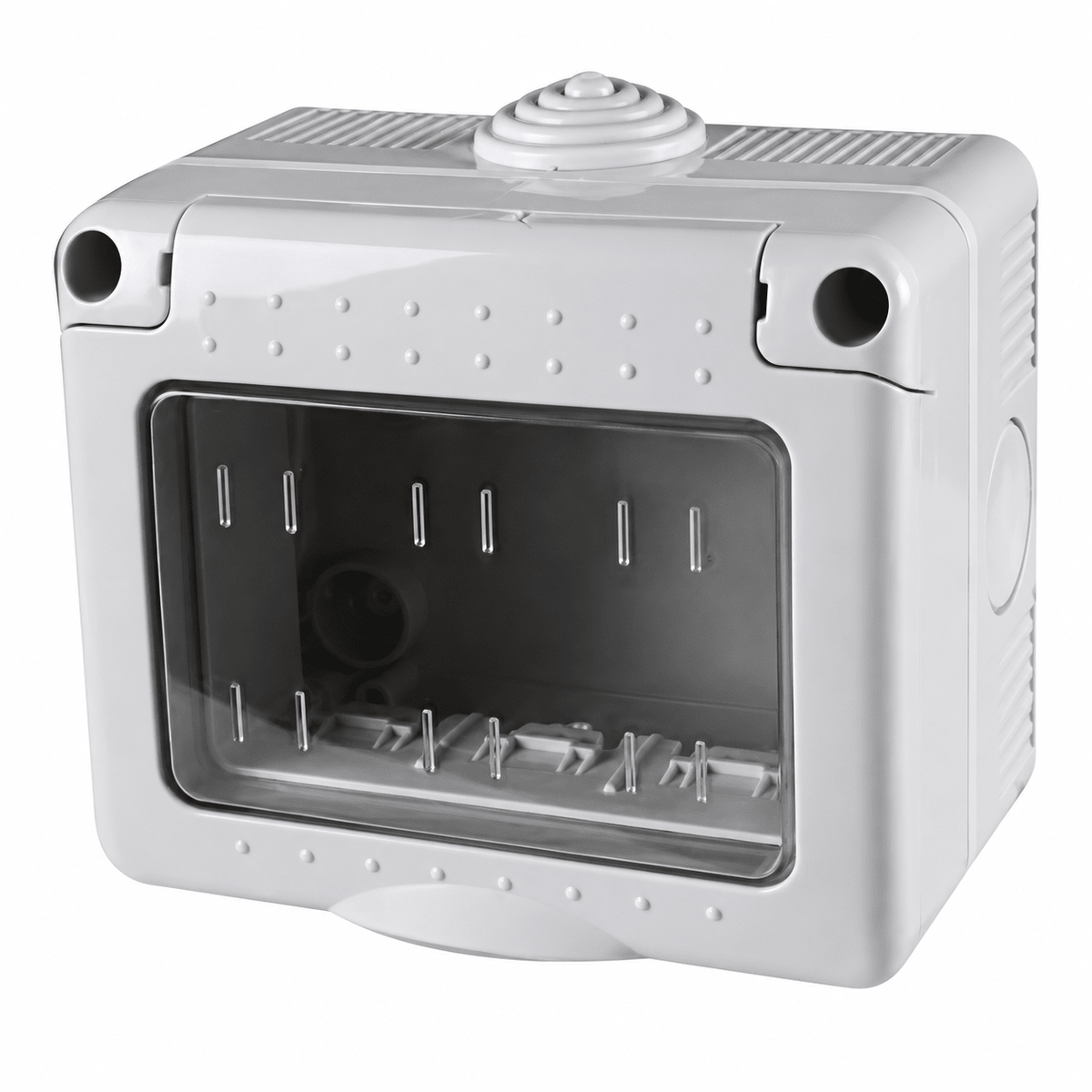 White 3‑gang empty electrical enclosure with clear front panel showing internal mounting pins and lower bracket