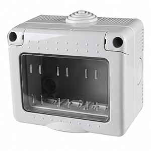 White 3‑gang empty electrical enclosure with clear front panel showing internal mounting pins and lower bracket