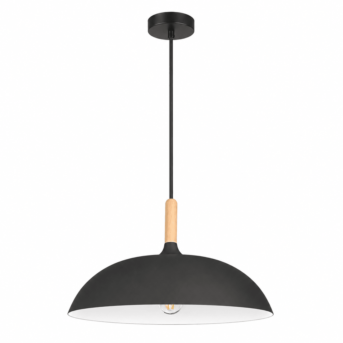 Black pendant light with wooden connector and white interior shade, hanging from ceiling against white background