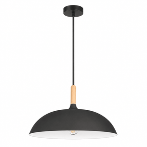 Black pendant light with wooden connector and white interior shade, hanging from ceiling against white background