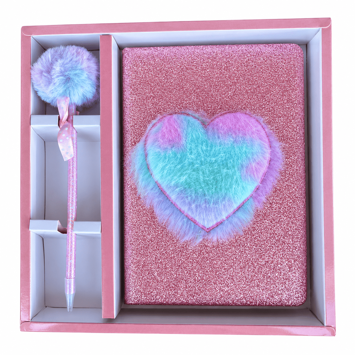 Notebook Gift Set - Pink Glitter & Pastel Rainbow Fluffy Heart