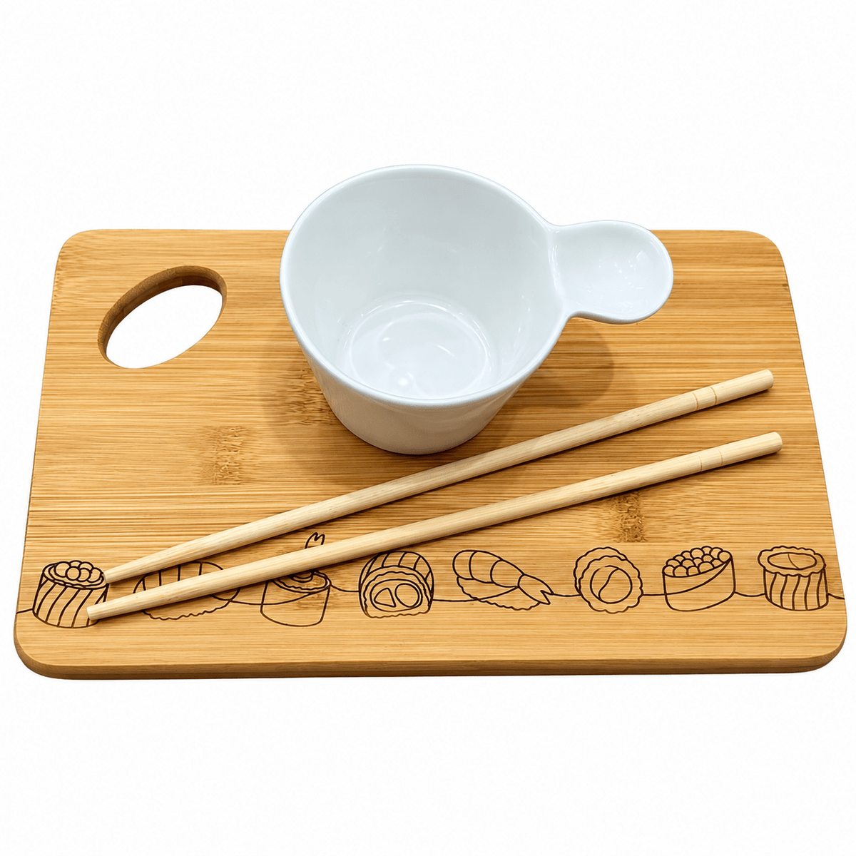 Small Bamboo Board, Chopsticks & Ceramic Bowl - Engraved Sushi