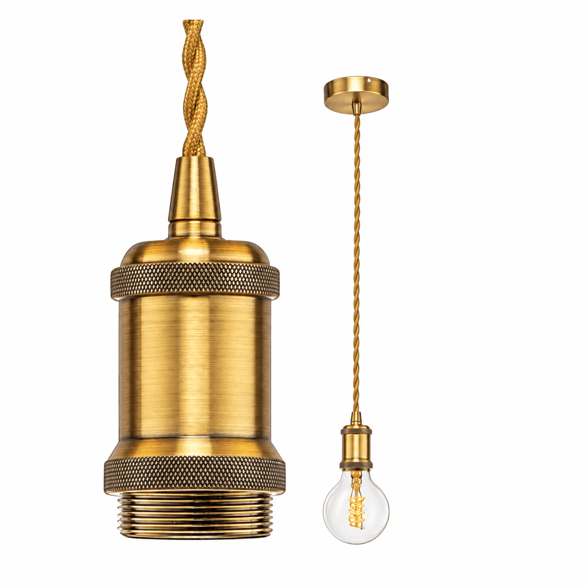 Antique Brass Pendant Light - Twisted Fabric Cord