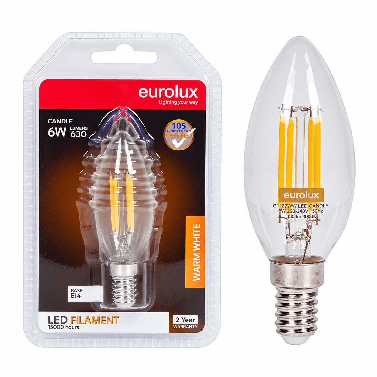 6W Candle Filament LED Bulb – E14, 3000K Warm White