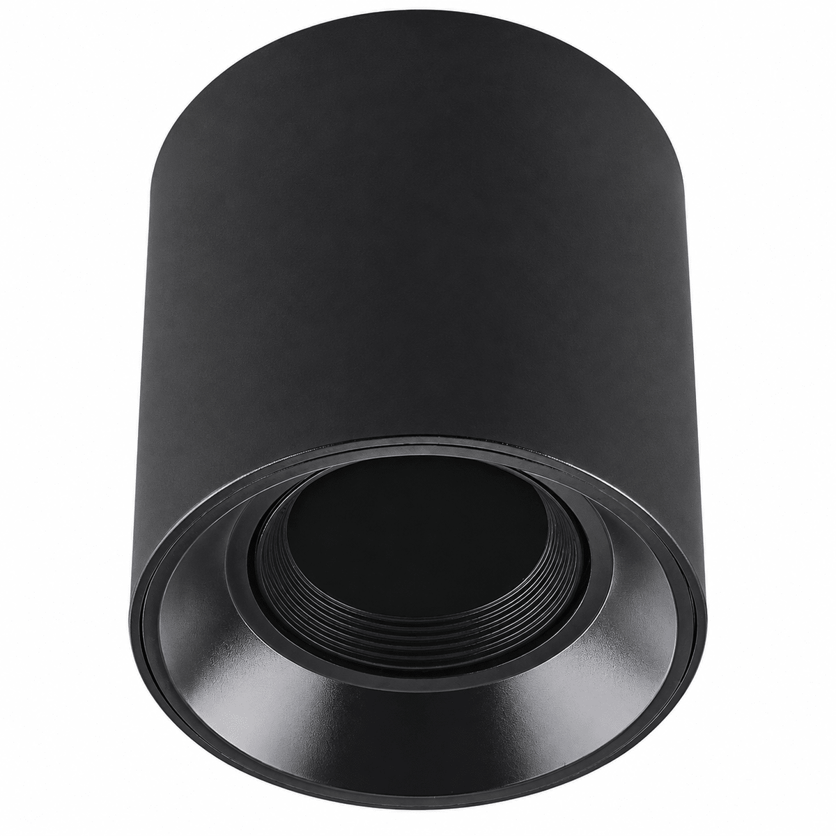 Black surface‑mount polycarbonate downlight with GU10 threaded fitting, shown against a white background