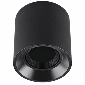 Black surface‑mount polycarbonate downlight with GU10 threaded fitting, shown against a white background