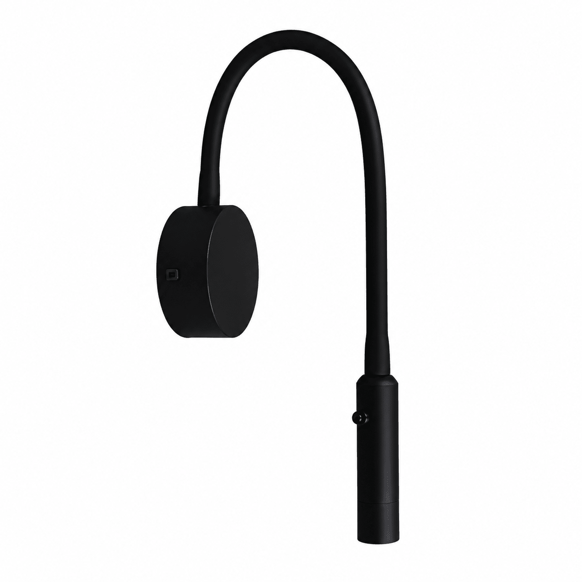Black adjustable wall light with flexible curved arm and circular head