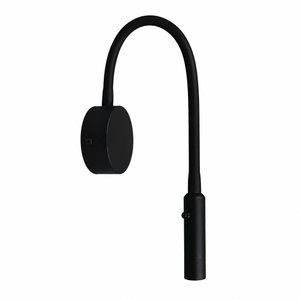 Black adjustable wall light with flexible curved arm and circular head