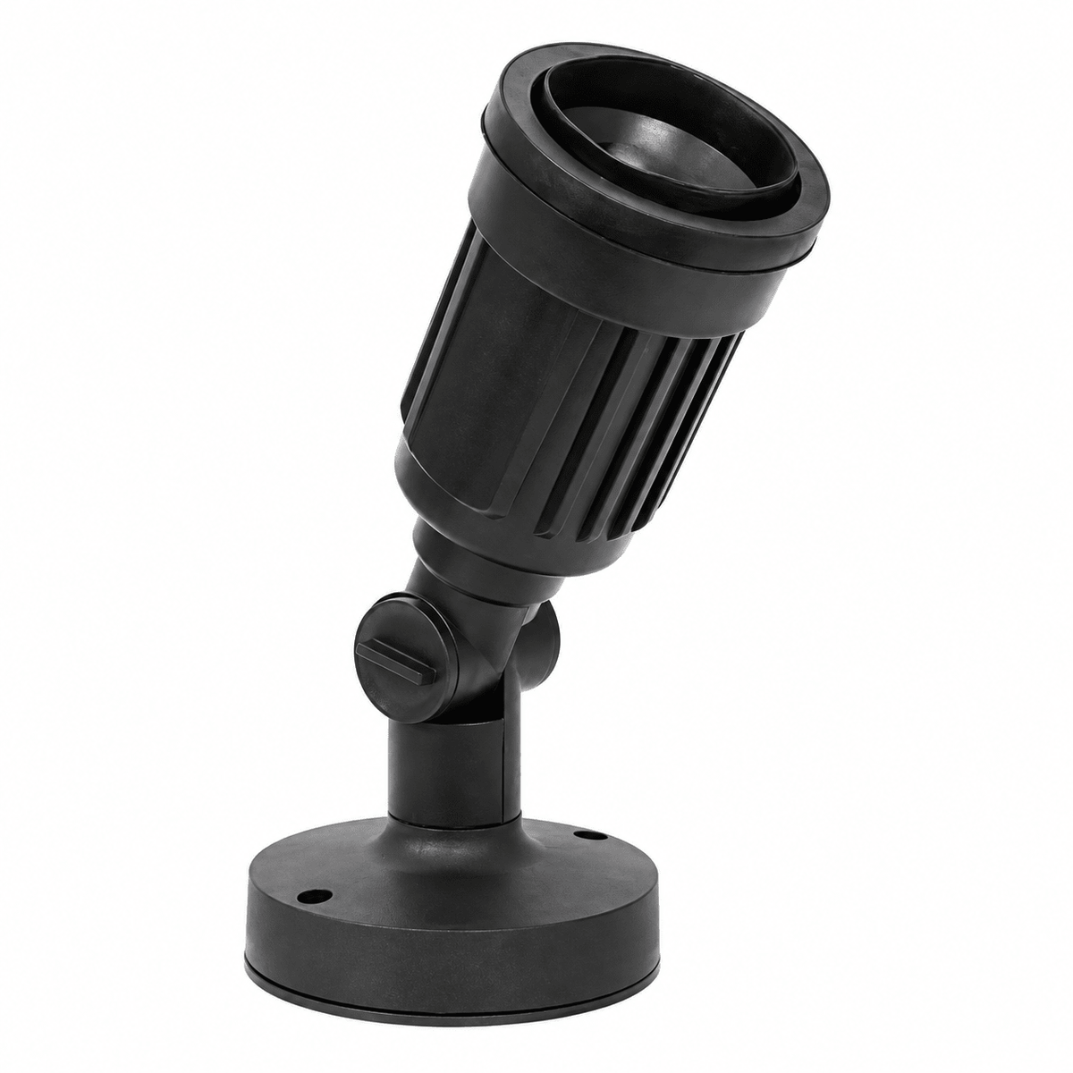 Black garden spot light with swivel arm and circular base, shown against white background.
