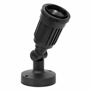Black garden spot light with swivel arm and circular base, shown against white background.