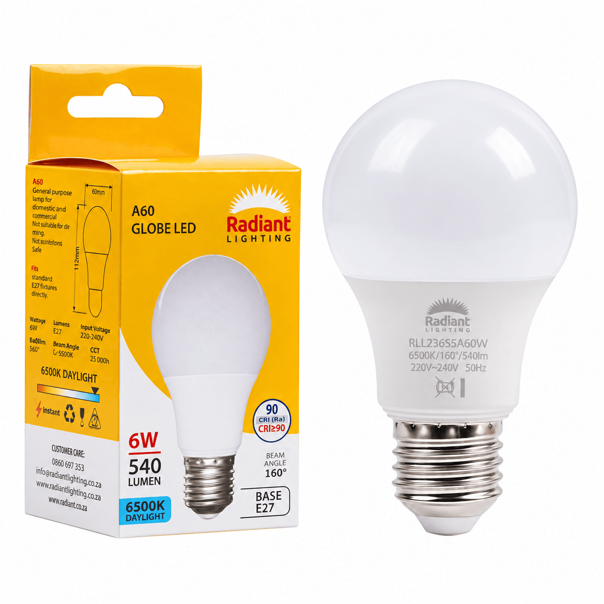 6W A60 Globe LED Bulb – E27, 6500K Daylight