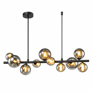 Black metal pendant with horizontal bar and multiple smoke glass bubble shades, each housing a lit bulb.