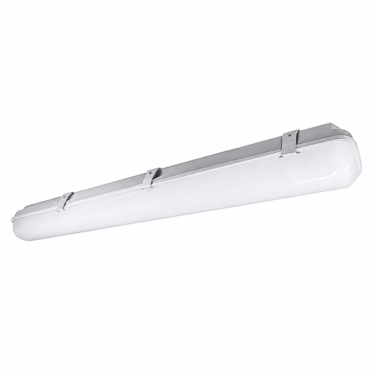 White and silver rectangular tube light fixture with three mounting brackets, shown against a plain white background.