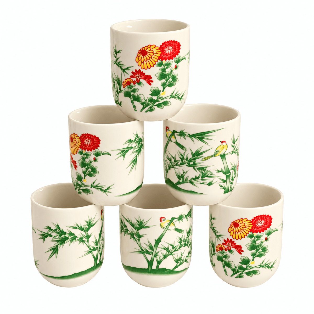 Ceramic Tea Cup Set of 6 - Bamboo & Birds