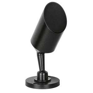 Black adjustable outdoor spotlight with swivel arm and circular base