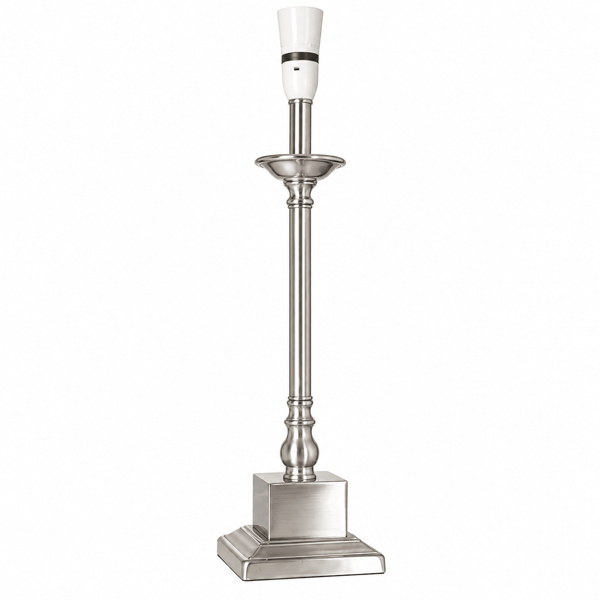 Satin chrome table lamp, white bulb holder, tall slender column, decorative collar, square base, plain white background.