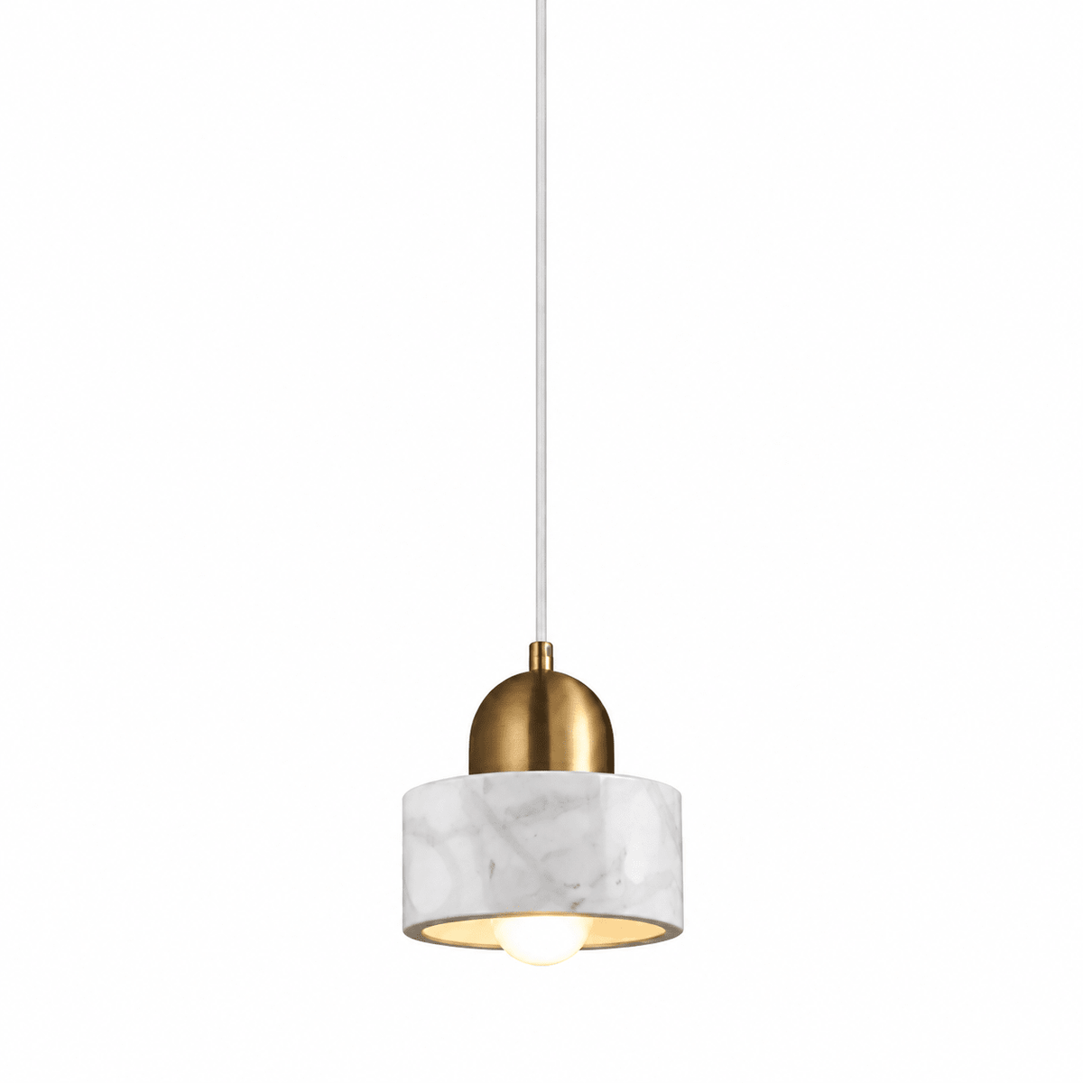 White marble pendant light with gold dome and visible bulb, hanging from a cord.