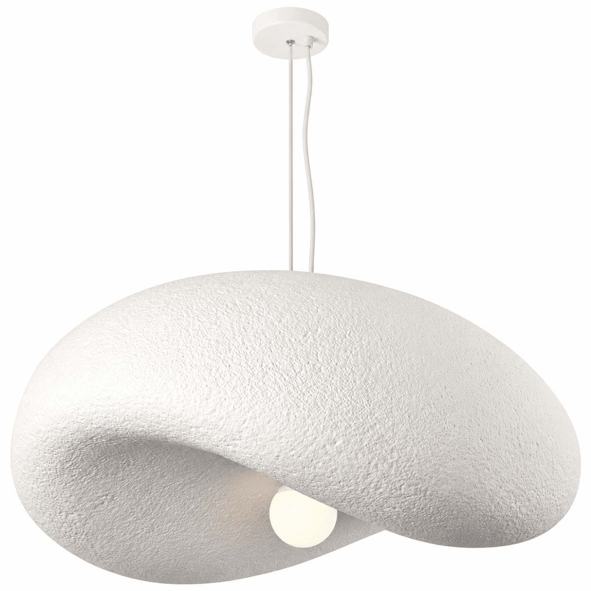 White textured pendant light with two cords and ceiling canopy, bulb visible inside shade