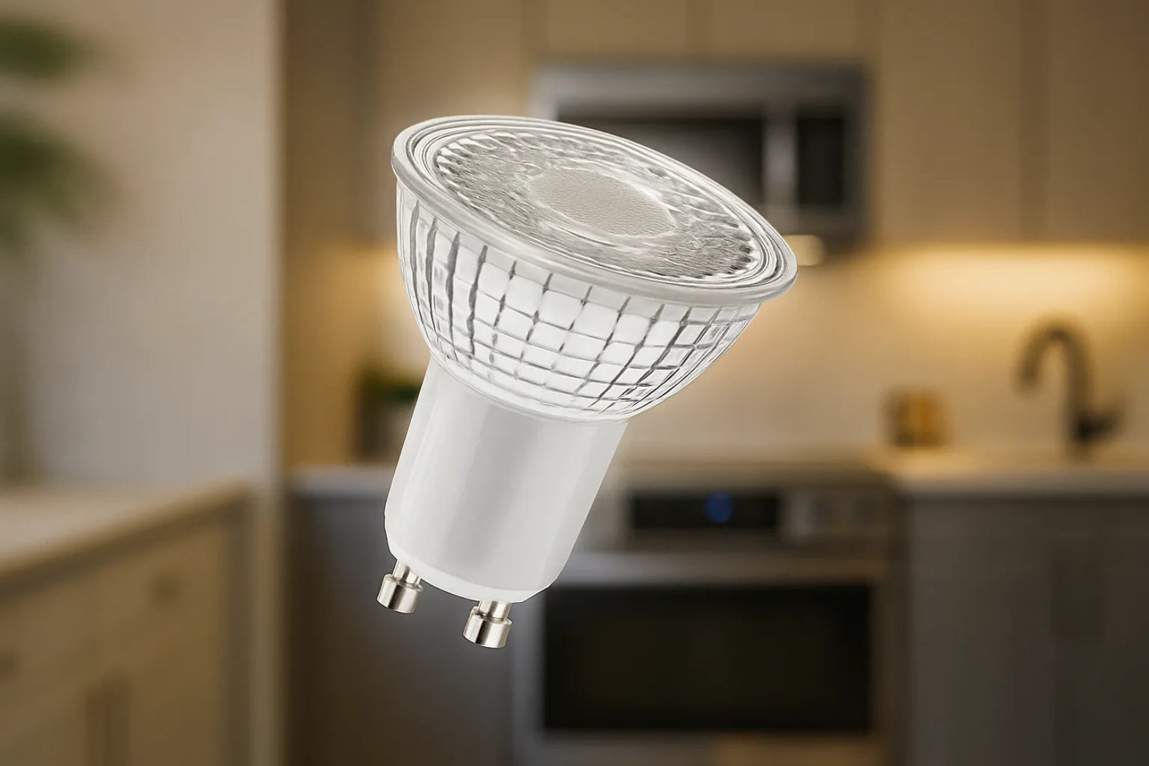 LED light bulb with a blurred kitchen background