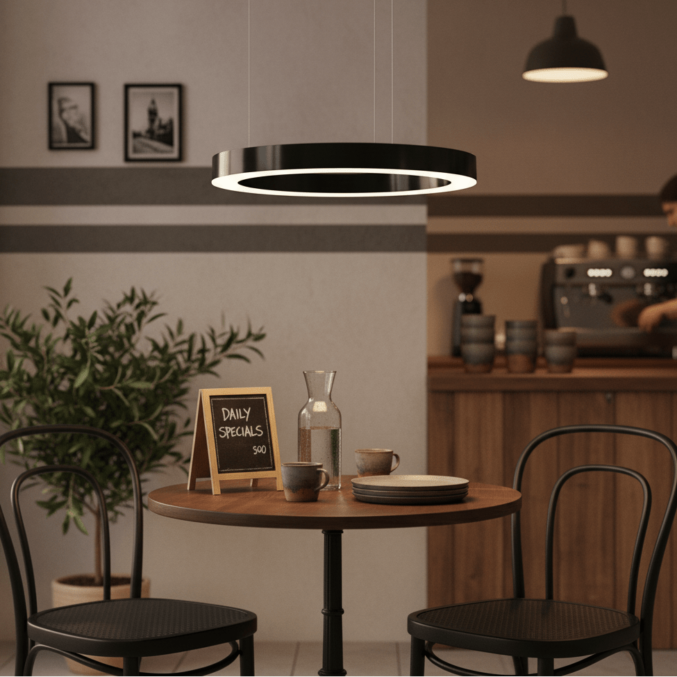 A small black LED halo pendant light hangs above a round wooden table set with cups and a water pitcher.