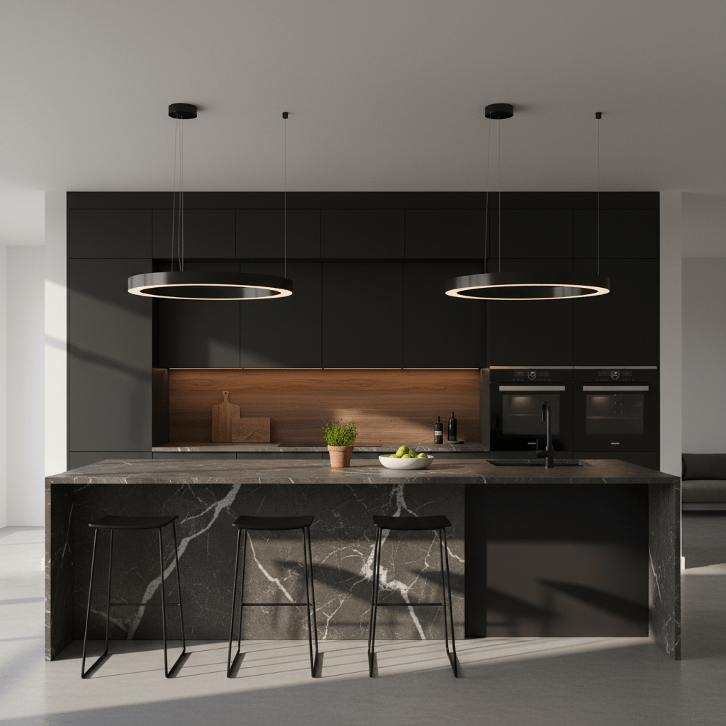 Modern kitchen featuring two Halo Black LED Pendants above a marble island with black stools.