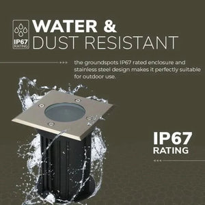 Waterproof ground spotlight with IP67 rating on a dark background