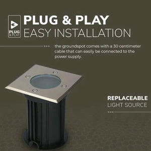 Hoftronic ground spot light with text on easy installation and replaceable light source.