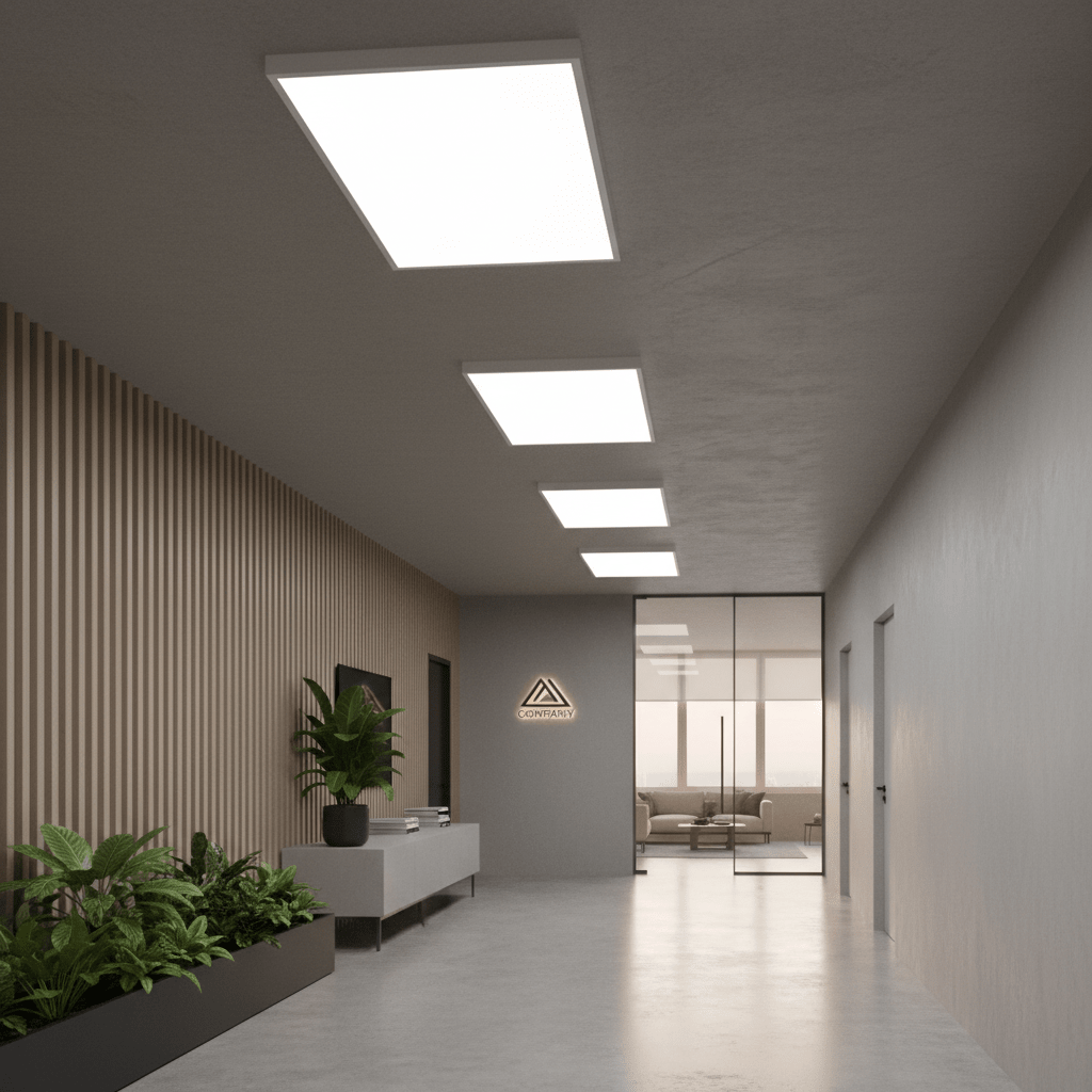 Modern office corridor featuring four LED surface-mounted backlit panels, sleek furniture, and greenery.