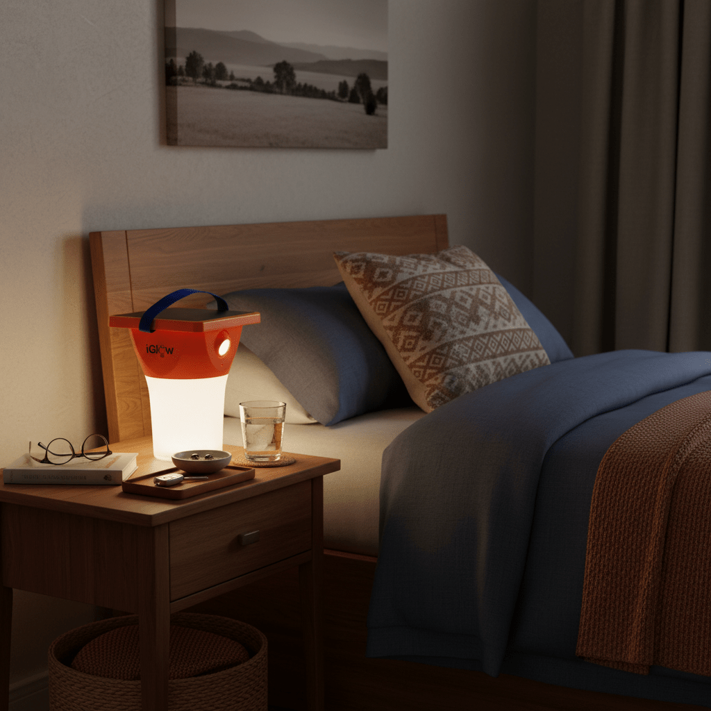 Solar LED lantern on bedside table, providing soft light next to a cozy bed with pillows and a glass of water.
