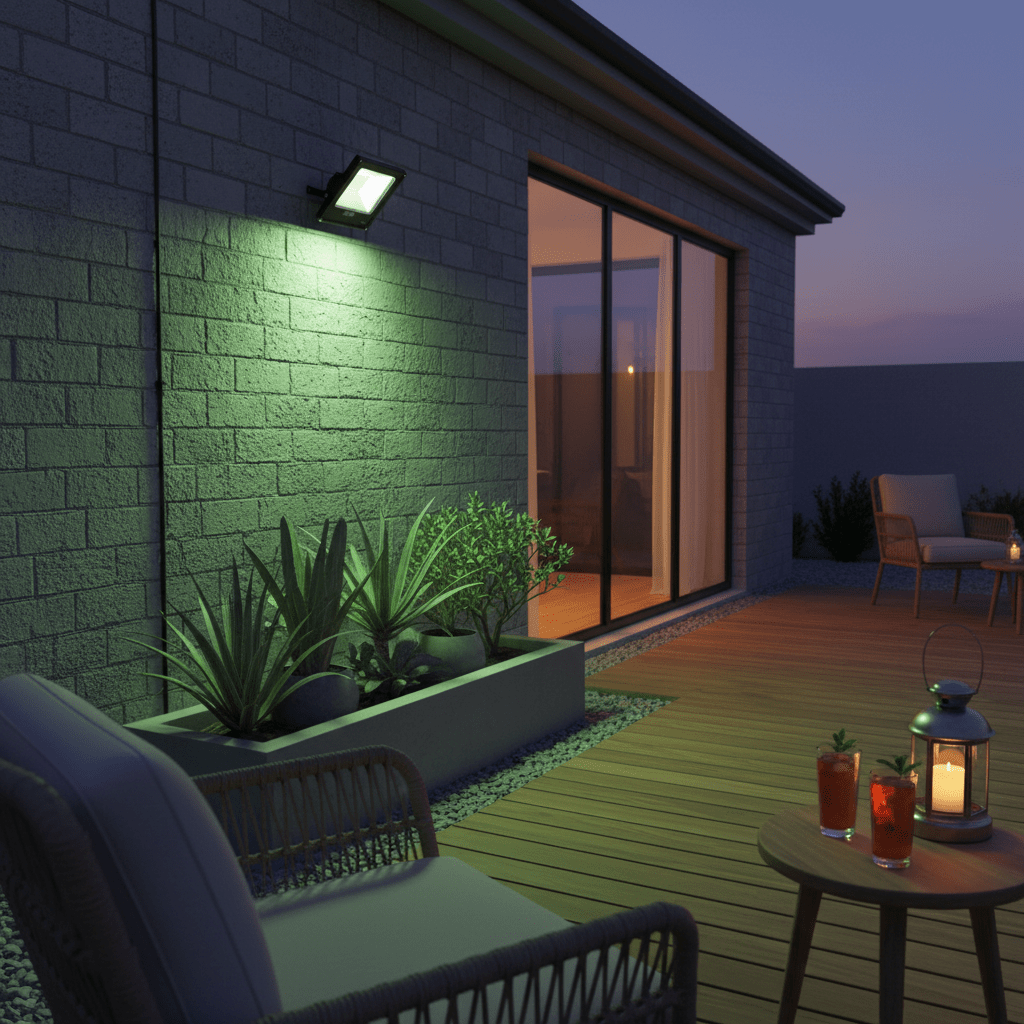Outdoor scene featuring a green LED floodlight illuminating a wall and plants, with seating and drinks visible.
