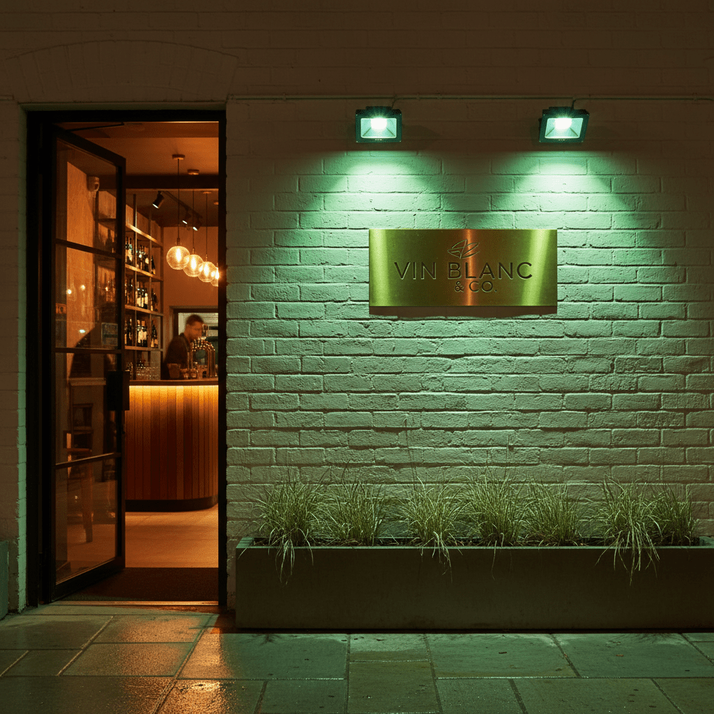 Green LED flood lights illuminating a restaurant entrance with a sign and potted plants.