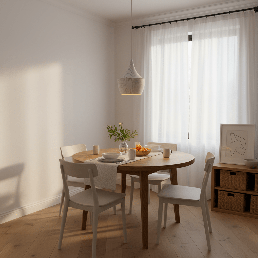 Ziggy White Wood Grain Pendant Light hanging above a round dining table set with dishes and a vase of greenery.