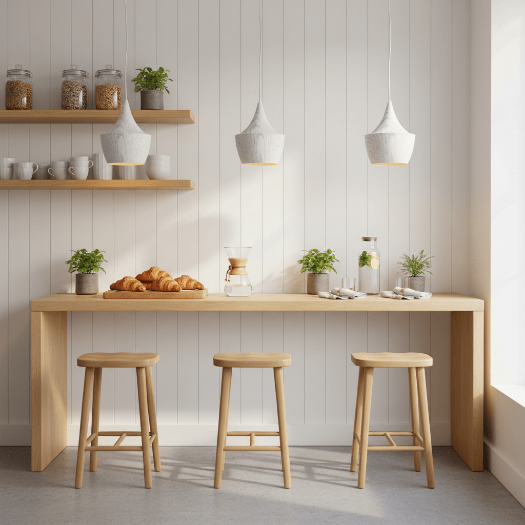 Two Ziggy White Wood Grain Pendant Lights hanging over a wooden table with croissants and plants.