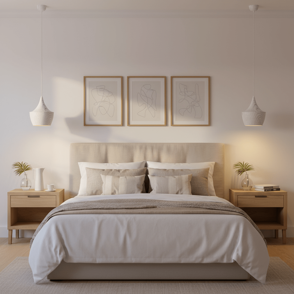 Ziggy White Wood Grain Pendant Light hanging above a bed in a cozy bedroom setting.