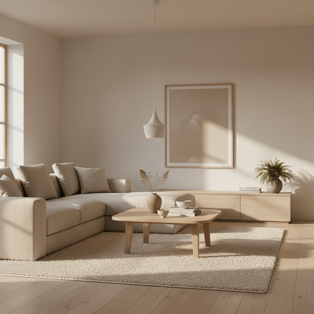 Ziggy White Wood Grain Pendant Light hanging over a cozy living room with a beige sofa and wooden coffee table.