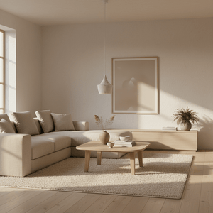 Ziggy White Wood Grain Pendant Light hanging over a cozy living room with a beige sofa and wooden coffee table.