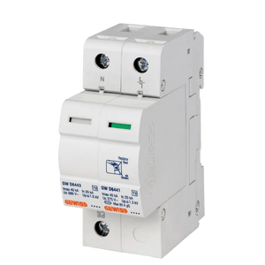 White double-module surge protector with N and L terminals, green indicator, and replace red/green diagram.