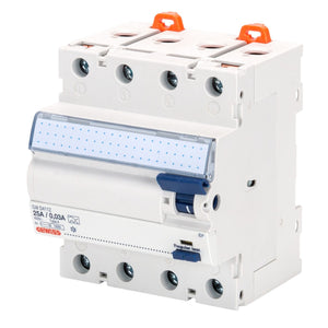 4 Pole 63A 30mA Residual Current Circuit Breaker with test button and connection terminals.