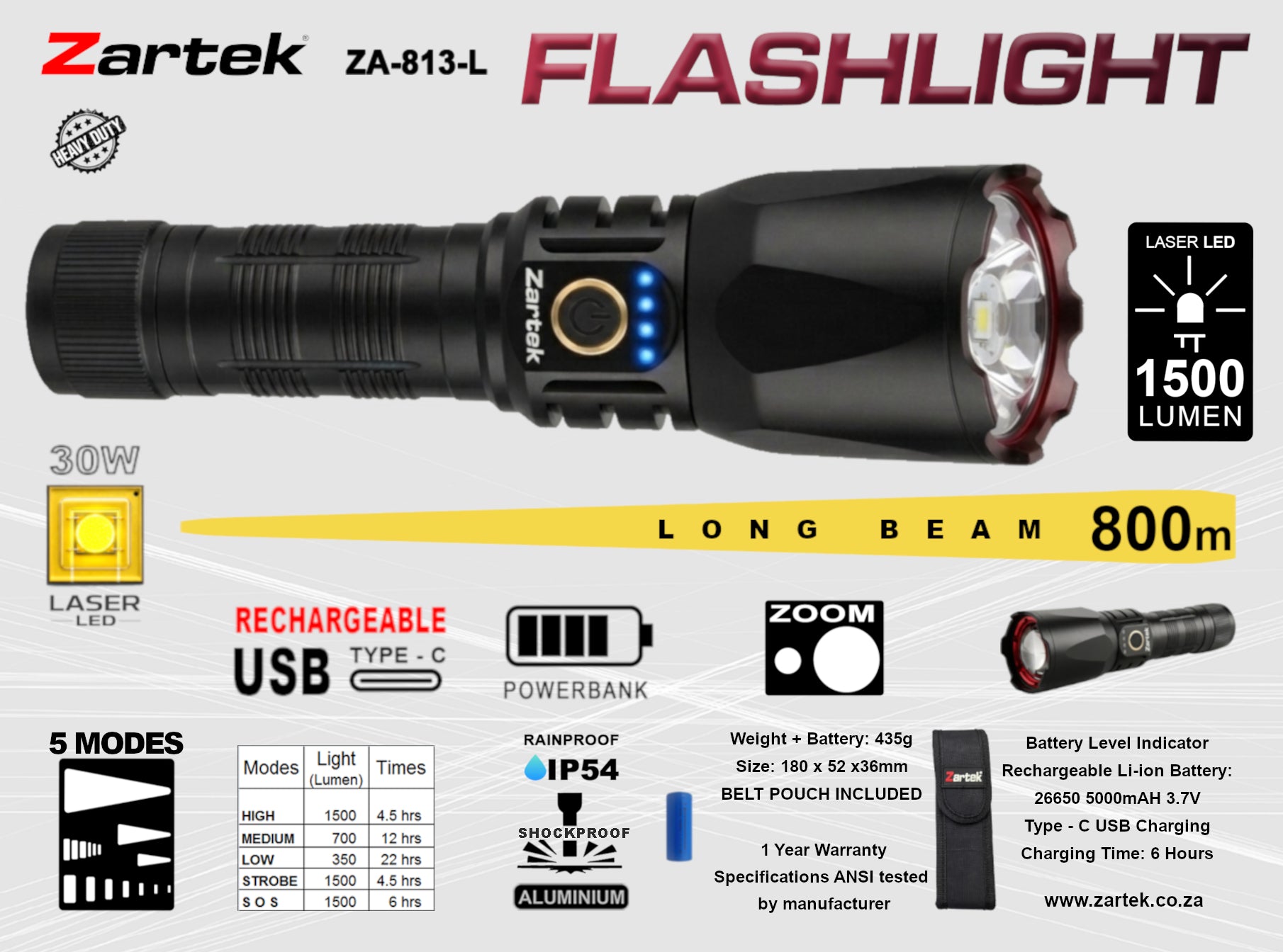 Zartek 1500 Lumen Rechargeable Flashlight, 800m Beam product image