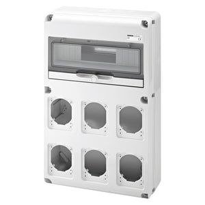 Grey UV resistant distribution board with multiple cutouts for circuit breakers, designed for outdoor use.