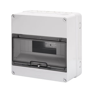 Grey insulated surface mounted DB board with lockable door and IP55 rating for electrical protection.