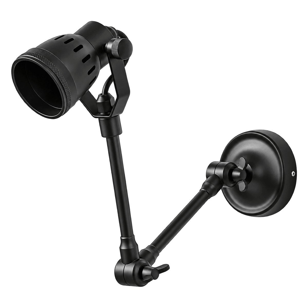 Matt black adjustable swing wall lamp on a transparent background
