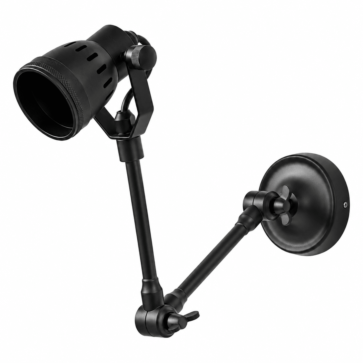 Matt black adjustable swing wall lamp on a white background