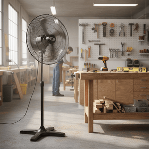 Industrial floor fan with steel grill and four‑leg base in a workshop