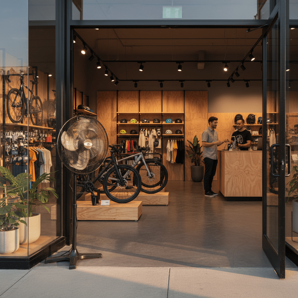 Industrial floor fan beside two bicycles on wooden platforms inside a bike shop with wooden walls and a service desk.
