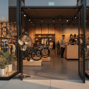 Industrial floor fan beside two bicycles on wooden platforms inside a bike shop with wooden walls and a service desk.