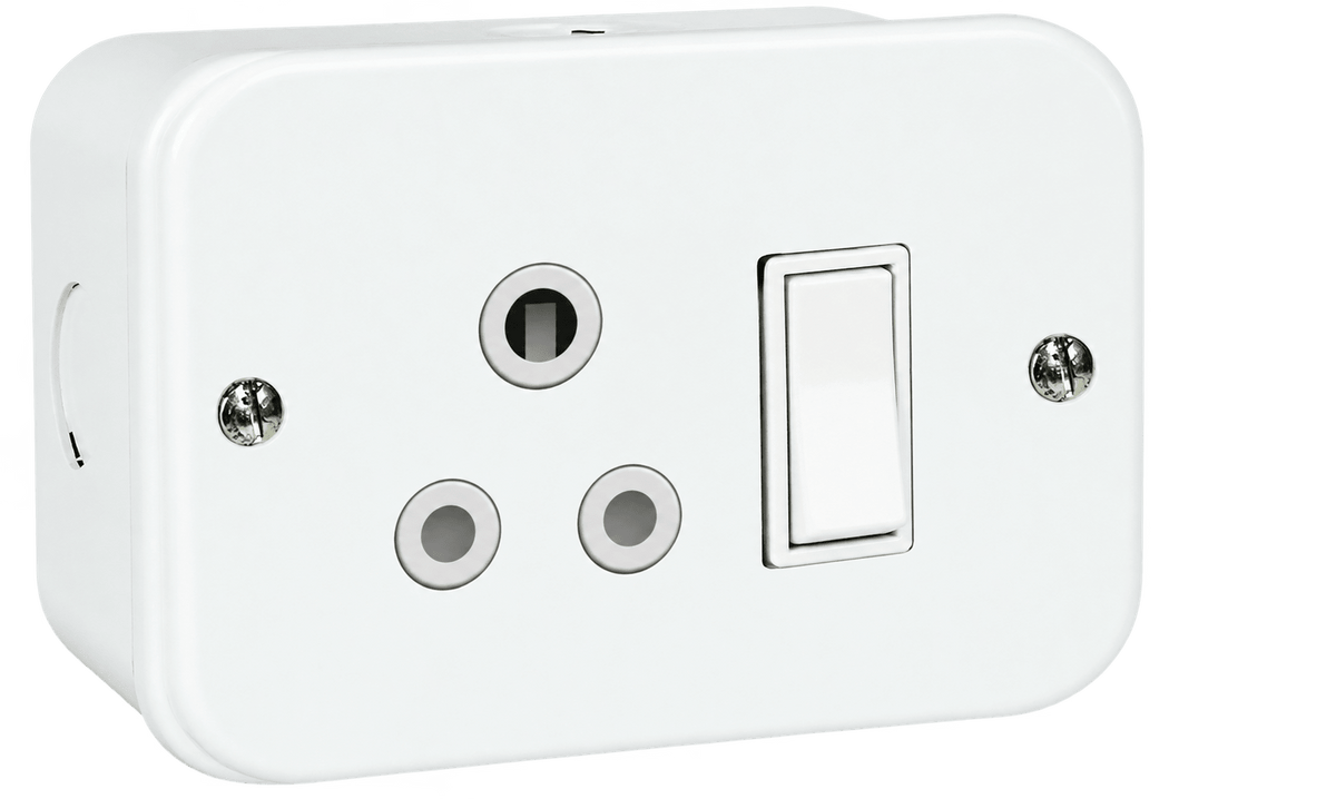 White industrial single switched socket on a transparent background.