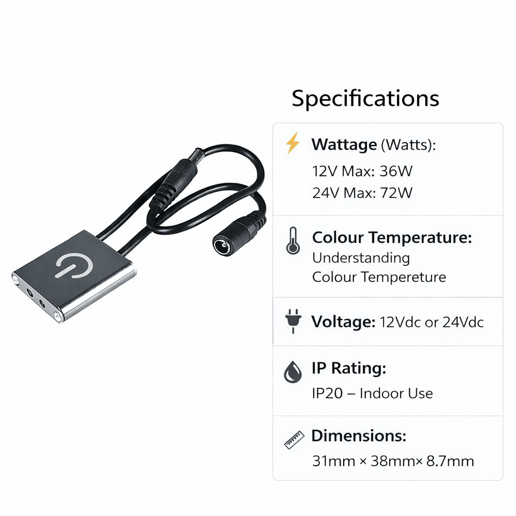 Close-up of an LED strip light controller with specifications displayed beside it.